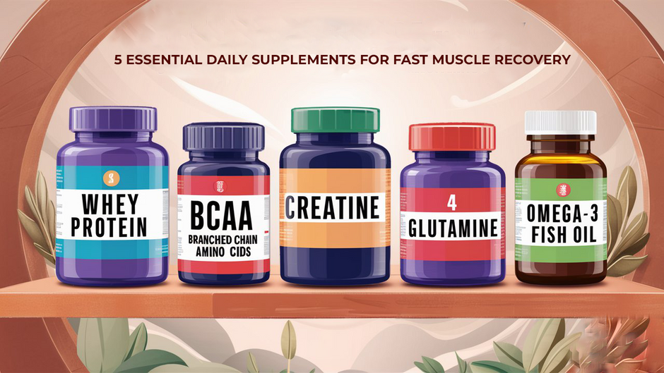 A selection of daily supplements for muscle recovery, including protein powder, BCAAs, creatine, omega-3 fish oil capsules, and glutamine powder.