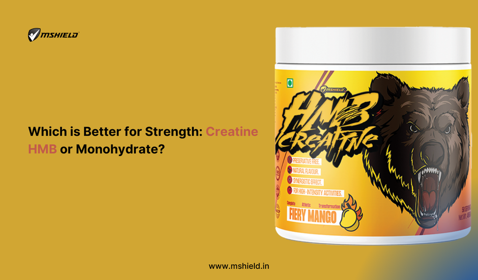 Comparison of Creatine HMB and Creatine Monohydrate supplements with weights and fitness equipment in the background.