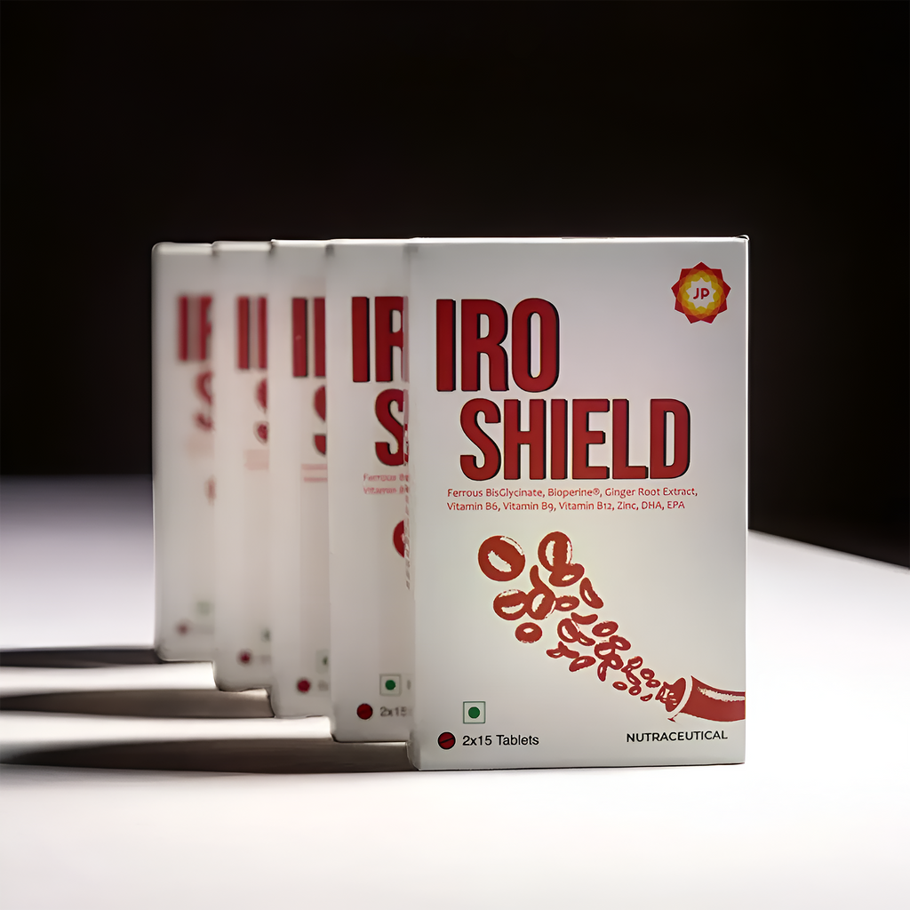 Carton of Iroshield iron supplements from Mshield placed on a wooden table with a soft focus background showcasing its packaging and label.